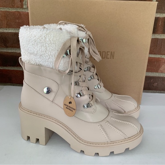 Steve Madden Shoes - Steve Madden Womens Northern Beige Faux Fur Combat & Lace-up Boots Shoes US 9 M